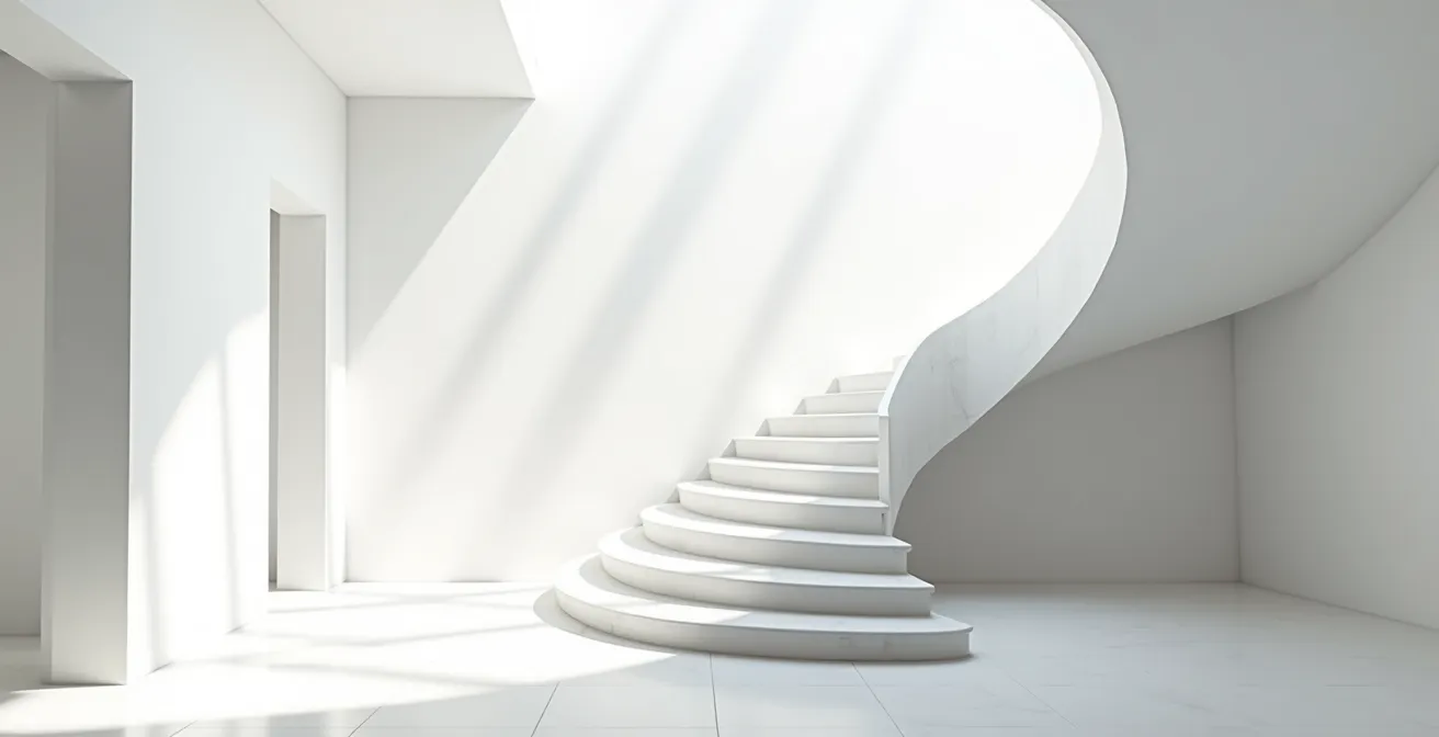 Architecture épurée moderne avec escalier hélicoïdal montant vers la lumière