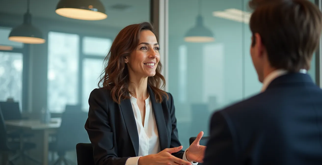 Un responsable formation en discussion stratégique avec des managers autour d'une table ronde moderne